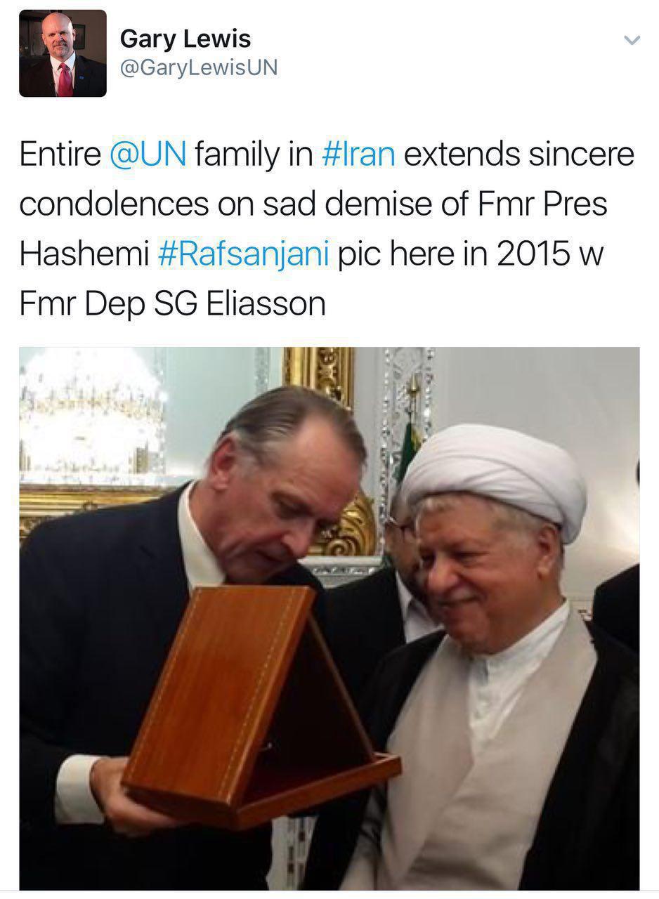 نماینده سازمان ملل متحد در ایران درگذشت آیت‌الله  هاشمی رفسنجانی از طرف تمام کارکنان این سازمان تسلیت گفت