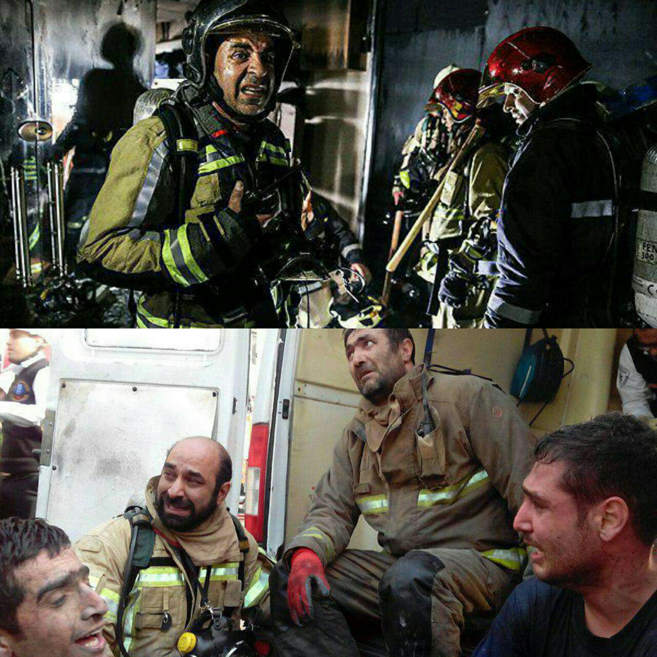 عکس/اتش‌نشانان نجات یافته از محل حادثه آتش سوزی ساختمان پلاسکو