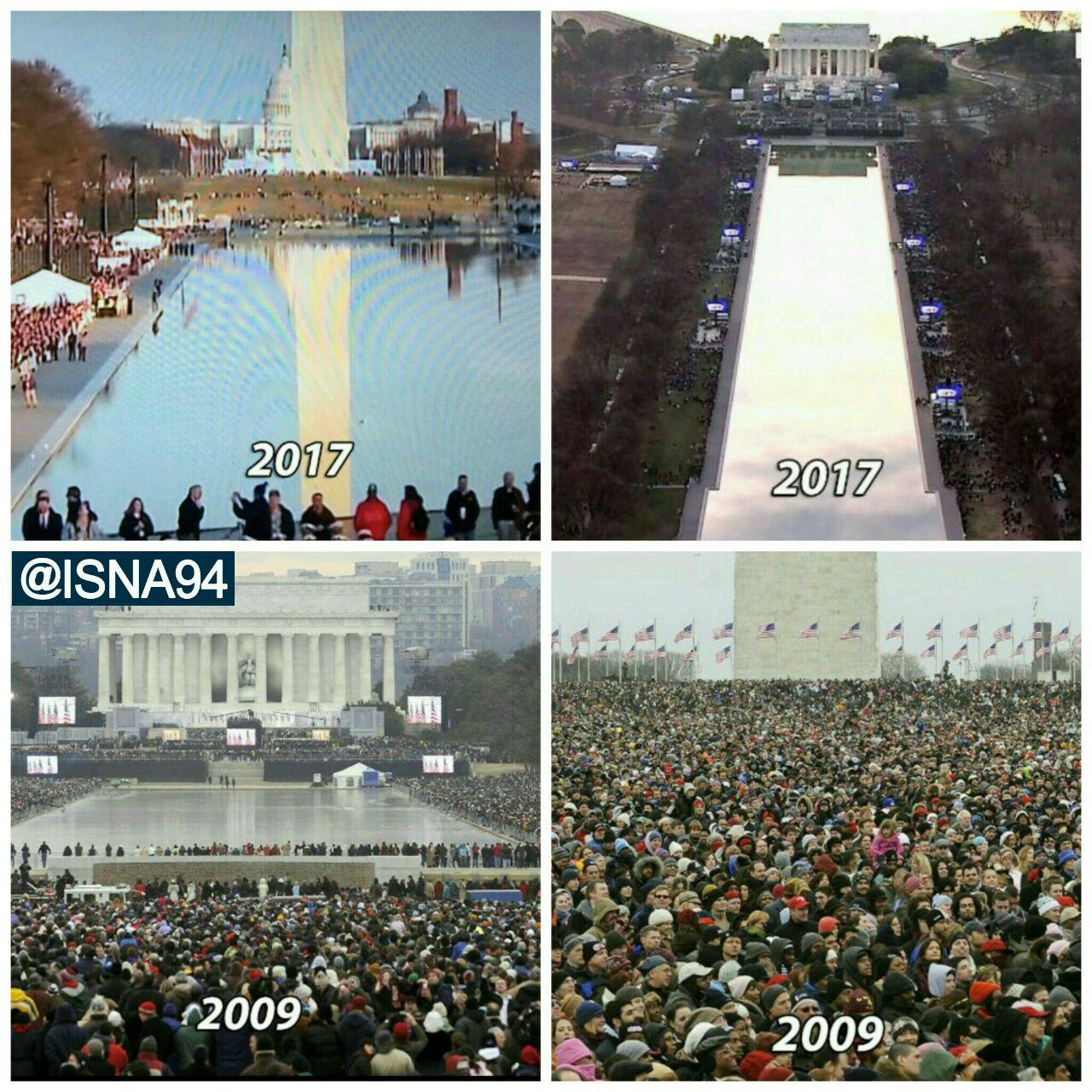 عکس/تفاوت میزان حضور مردم در مراسم تحلیف اوباما در سال ۲۰۰۹ و مراسم تحلیف ترامپ در ۲۰۱۷