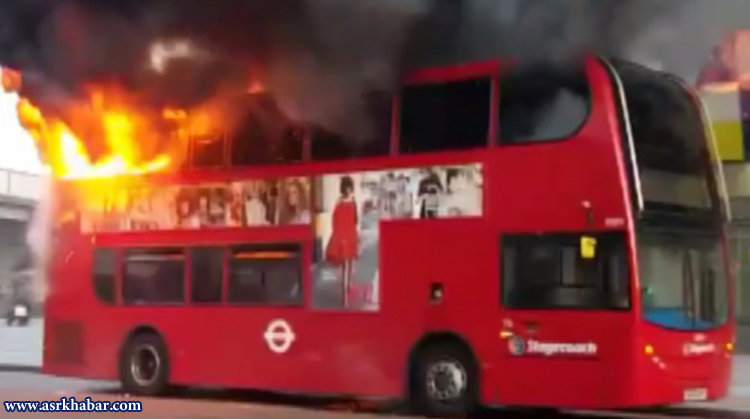 حریق شدید اتوبوس دو طبقه در انگلیس