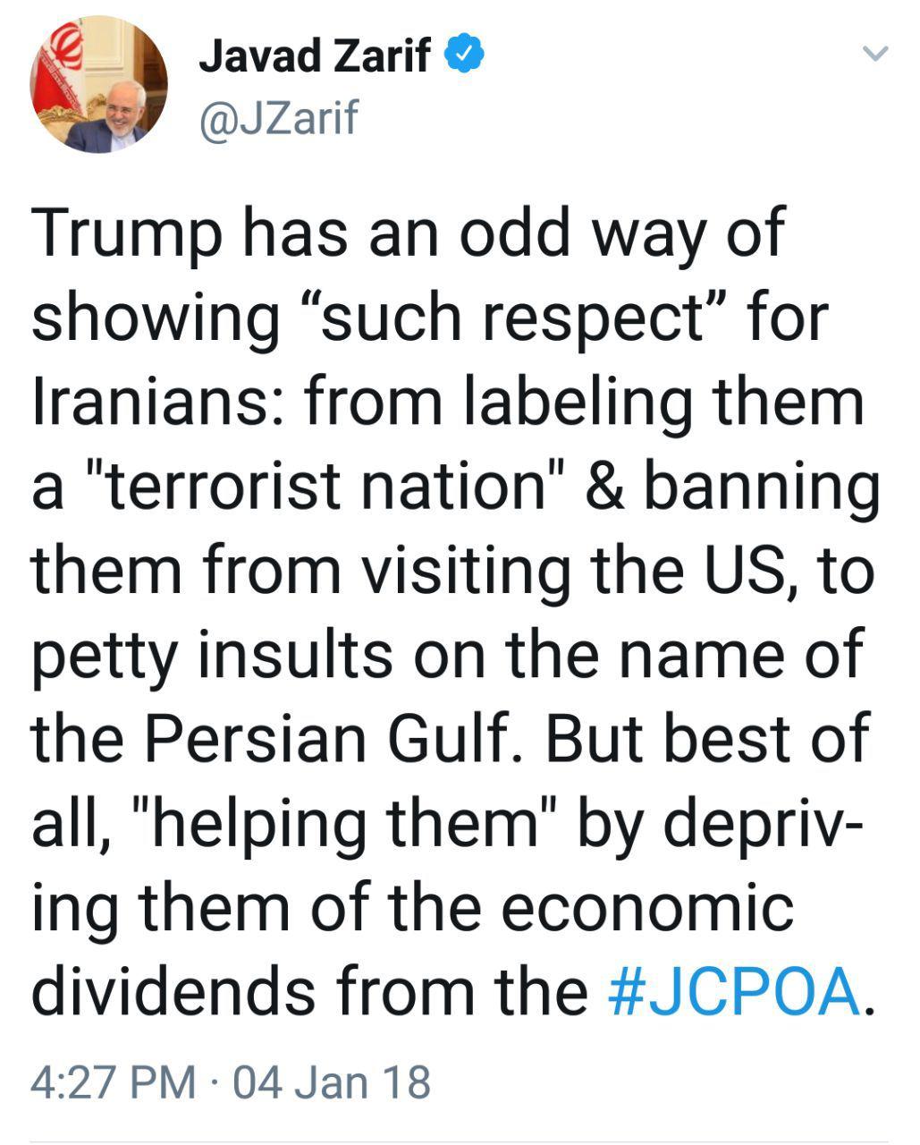 کنایه ظریف به ترامپ: با محروم کردن سف مردم ایران به آمریکا به آنها «احترام فوق العاده» می‌گذارد!