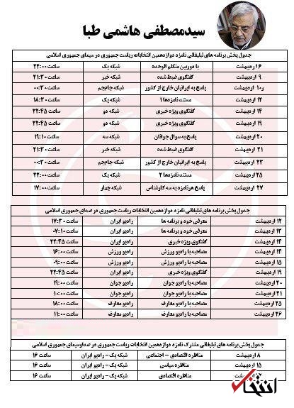 جدول برنامه های تبلیغاتی کاندیداها / 9 اردیبهشت؛ نخستین گفتگوی انتخاباتی روحانی و جهانگیری در تلویزیون