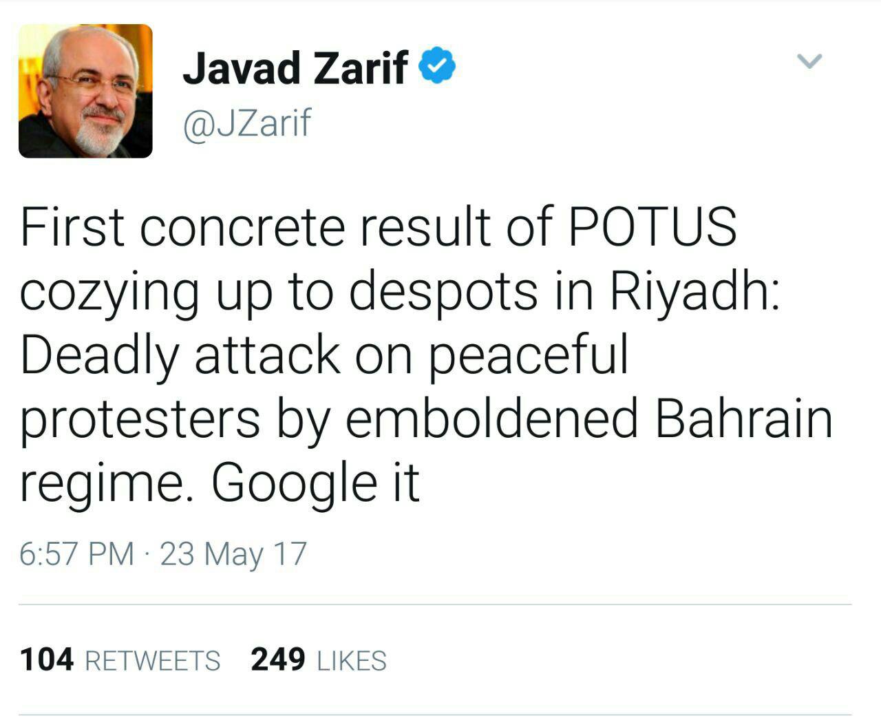 توییت ظریف: اولین نتیجه تایید حاکمان مستبد ریاض توسط رییس جمهور آمریکا