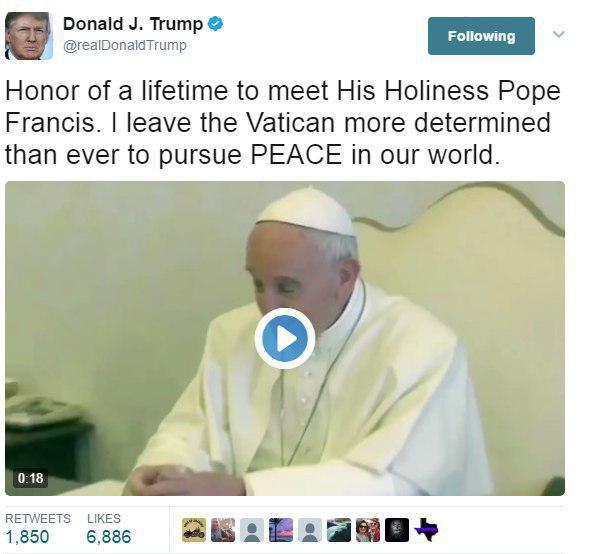 پيام توئيتري رئيس جمهور آمريکا :ملاقات با پاپ فرانسيس مايه افتخار در زندگي من است