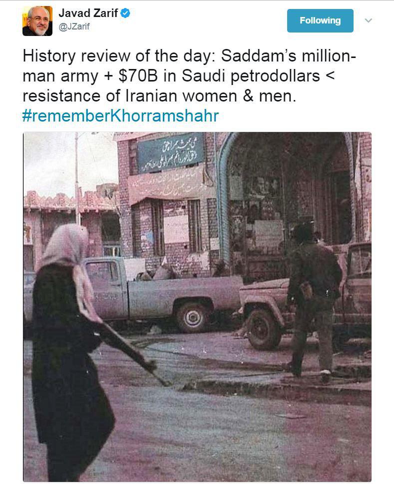 توییت ظریف:ارتش میلیونی صدام به علاوه ۷۰ میلیارد دلار نفتی سعودی، کوچکتر از مقاومت زنان و مردان ایرانی