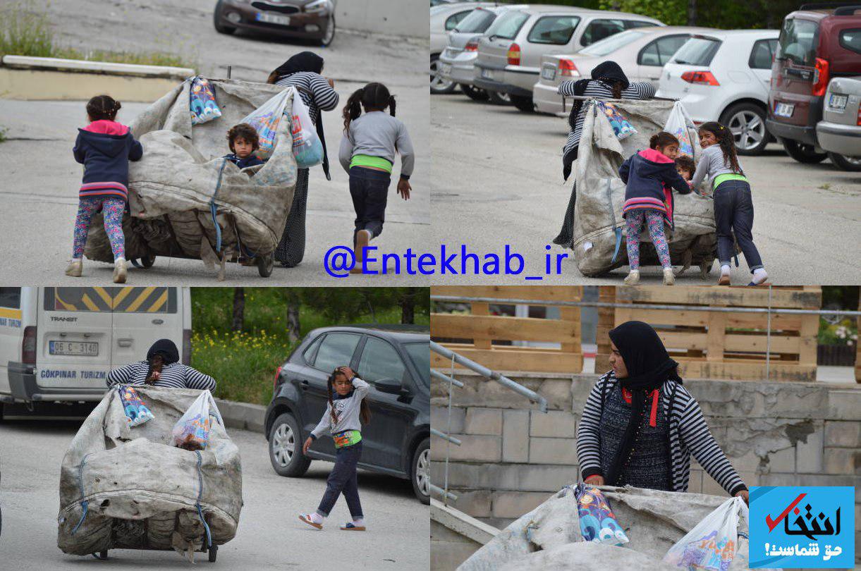 زن آواره سوری در حال جمع آوری زباله