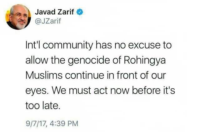 ظریف: جامعه بین‌الملل هیچ توجیهی برای اجازه دادن به ادامه نسل‌کشی مسلمانان روهینگیا در ندارد