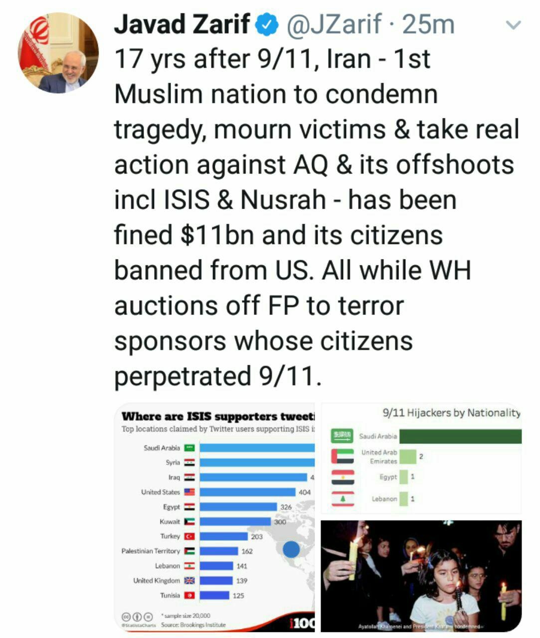 توئیت ظریف در سالگرد ۱۱سپتامبر: آمریکا سیاست خارجی‌اش را در اختیار حامیان ترور قرار داده