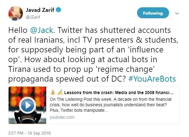 پیام اعتراضی ظریف به مدیرعامل توئیتر درباره بستن حساب کاربران واقعی ایران