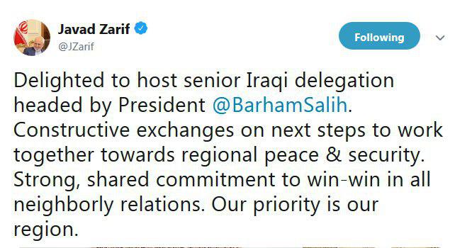 ارزیابی ظریف از سفر رئیس‌جمهور عراق به تهران: تبادل نظر سازنده‌ای داشتیم؛ اولویت ما منطقه است