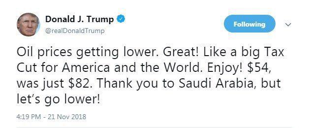 تشکر ترامپ از ریاض درپی ارزان شدن قیمت نفت: لذت ببرید! نفت ۸۲ دلاری الان ۵۴ دلار است/ از عربستان متشکریم اما باید قیمت پائین‌تر برود!