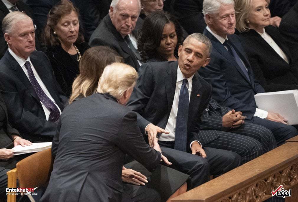 تصاویر : حاشیه‌هایی از تشییع جنازه جورج بوش پدر؛ کنار هم نشستن ترامپ، اوباما، کلینتون و کارتر