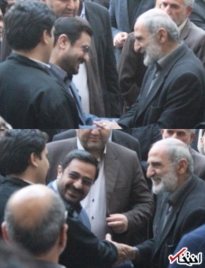 تصویر: خوش و بش حسین شریعتمداری و سعید مرتضوی در مراسم ترحیم مادر احمدی نژاد