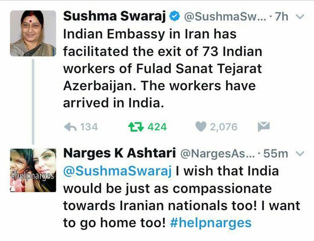 واکنش توییتری «نرگس کلباسی» به پیام وزیر خارجه هند