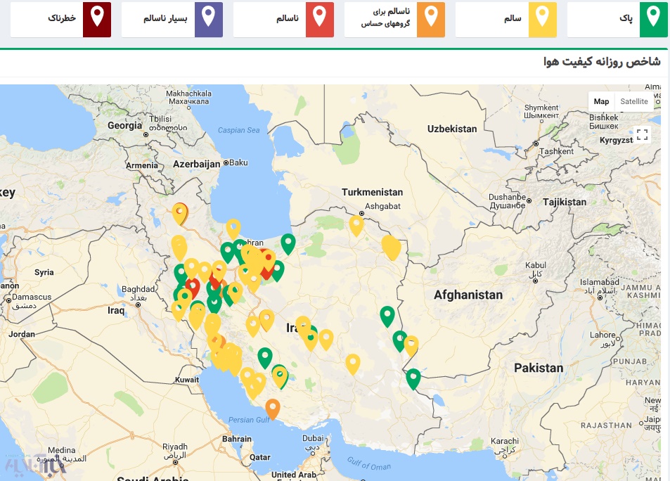 نقشه وضعیت آلودگی هوا شهرها / تهران، تبریز و کرج در وضعیت قرمز