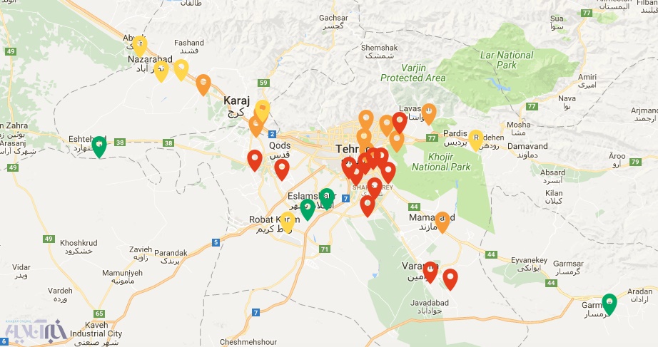نقشه وضعیت آلودگی هوا شهرها / تهران، تبریز و کرج در وضعیت قرمز