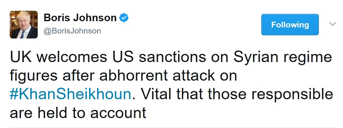 عکس / واکنش توییتری وزیر خارجه انگلیس به تحریم‌های آمریکا علیه سوریه