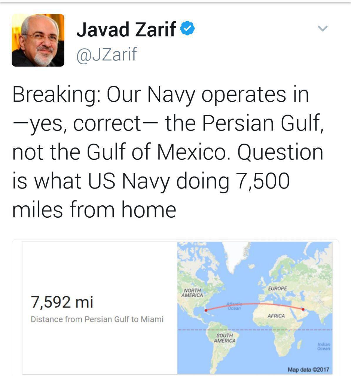 ظریف:نیروی دریایی آمریکا ۷۵۰۰ مایل دور از خانه خود چه می کند؟