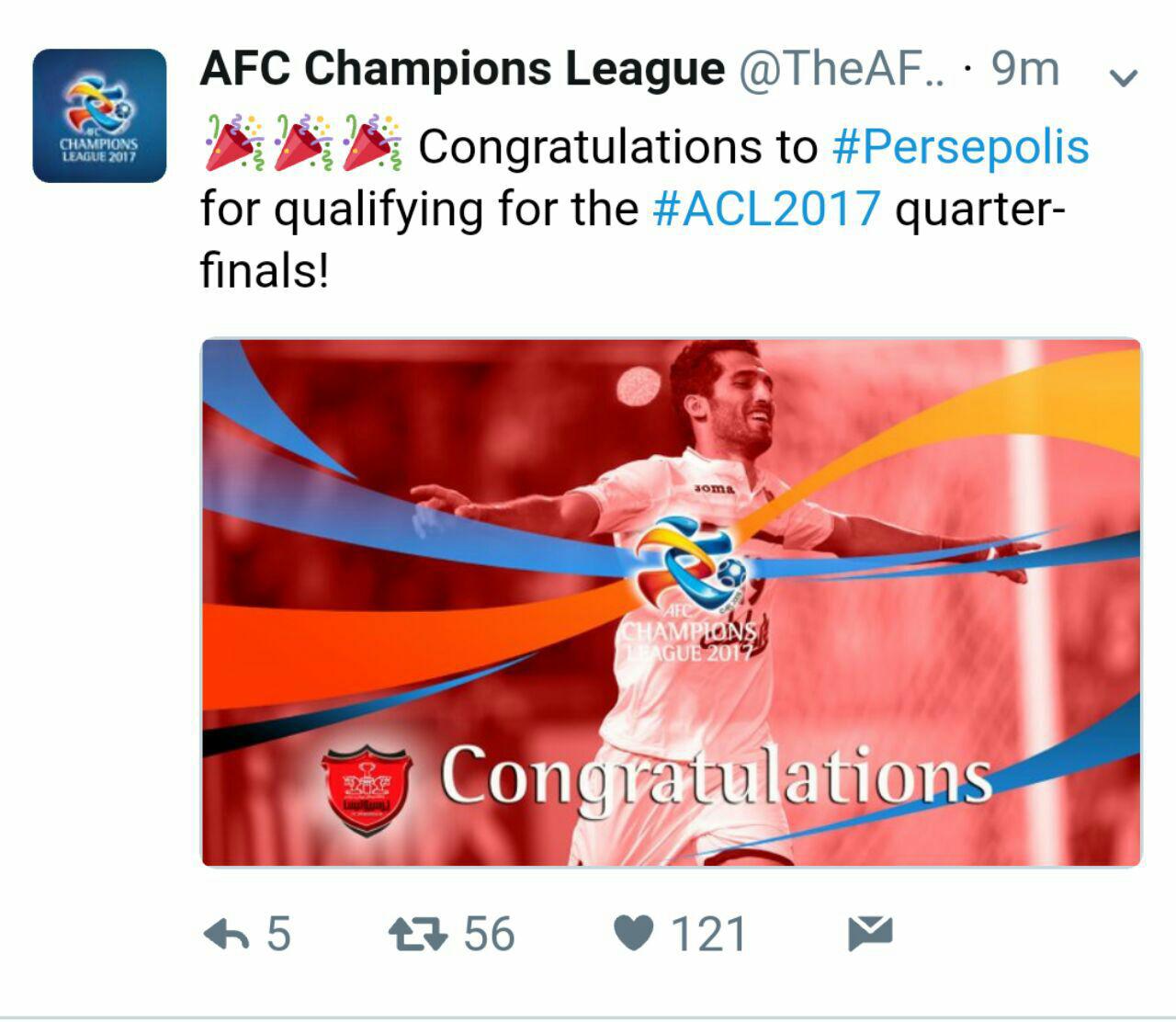 تبریک توییتر صفحه رسمی لیگ قهرمانان آسیا به پرسپولیس بابت صعود به جمع هشت تیم برتر قاره کهن