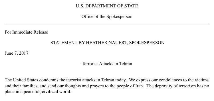 آمریکا حملات تروریستی تهران را محکوم کرد
