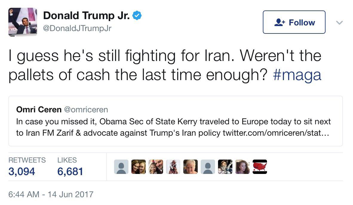 اتهام پسر ترامپ به کری: هنوز برای ایران می‌جنگد، جعبه‌های پول دفعه پیش کافی نبود؟