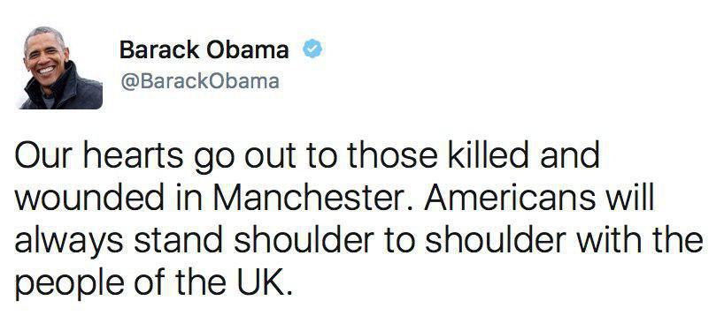 توئیت باراک اوباما برای انفجار منچستر: ما با کسانی که در منچستر کشته و زخمی شدن هم‌دردی می‌کنیم