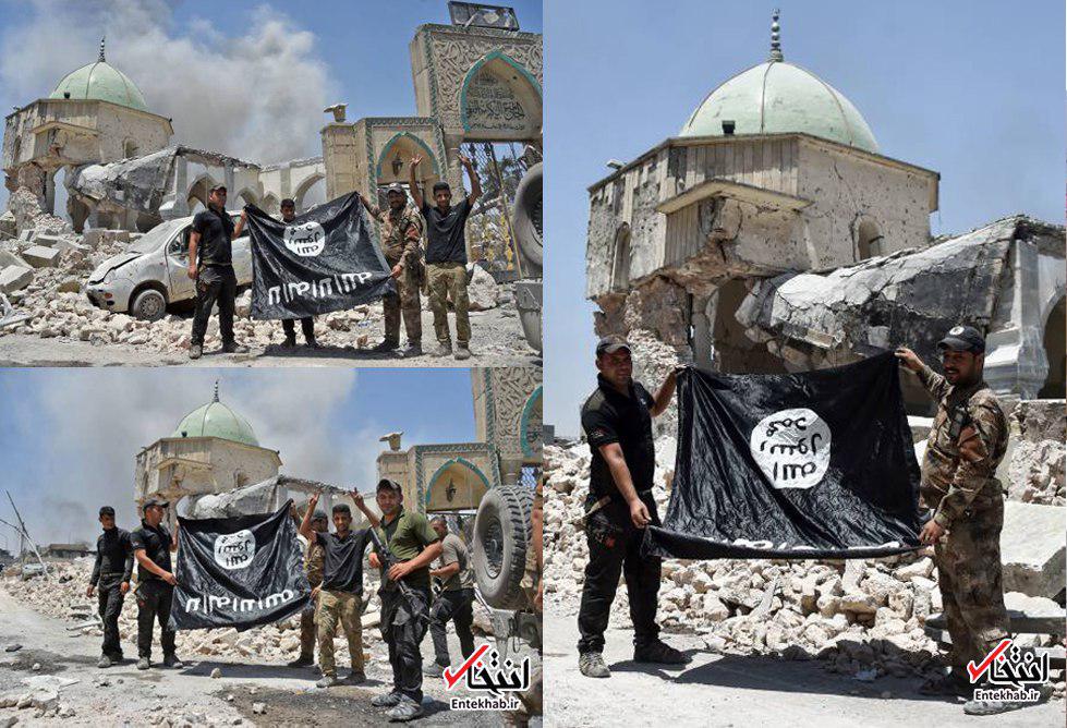 اهتزاز پرچم وارونه داعش مقابل مسجد جامع النوری