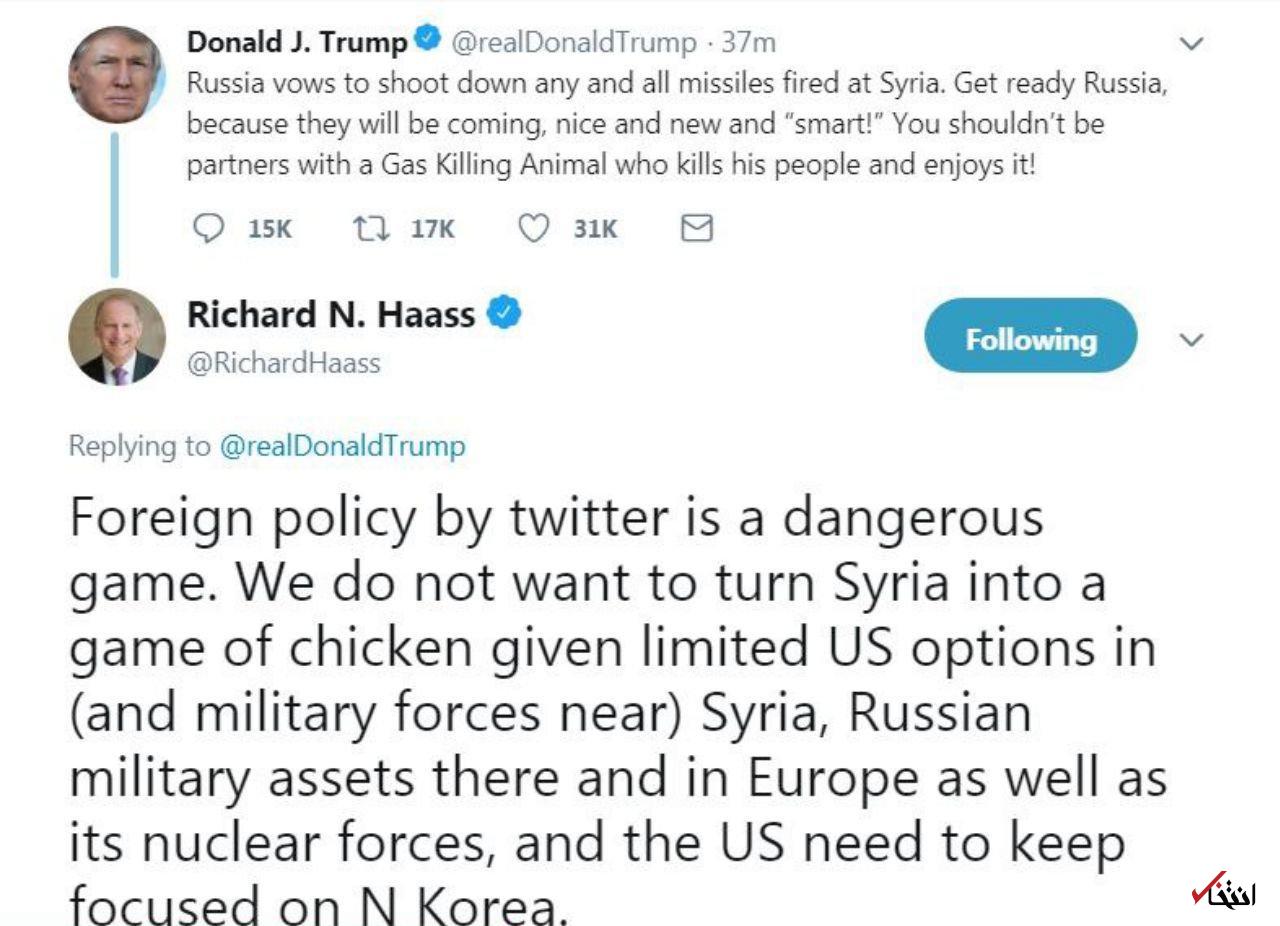 فوری / ترامپ: روسیه گفته هر موشکی که به سمت سوریه شلیک شود را ساقط می‌کند / پس آماده باش روسیه! موشک‌های خوب، جدید و هوشمند ما دارند می‌آیند / روسیه: موشک‌های هوشمند آمریکا تلاش خواهند کرد شواهد حمله ادعایی در دوما را نابود کنند