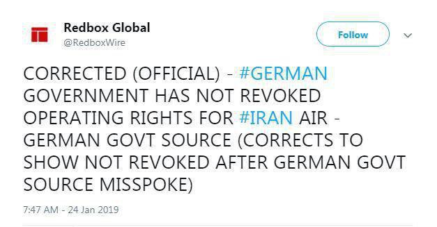 آلمان لغو مجوز ایران ایر را تکذیب کرد