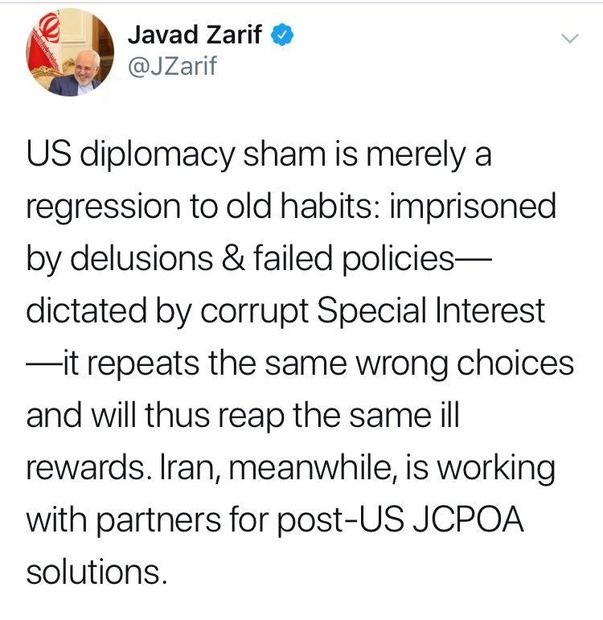 واکنش ظریف به سخنرانی وزیر خارجه آمریکا:دیپلماسی قلابی آمریکا چیزی جز تنزل به عادات قدیمی نیست