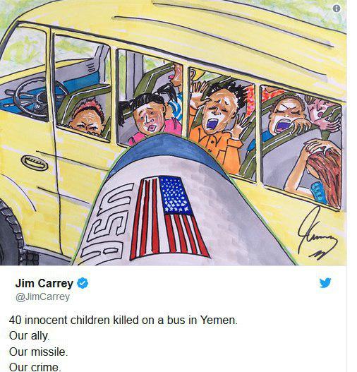 توییت معنادار جیم کری، بازیگر هالیوود درباره حمله موشکی به اتوبوس کودکان یمنی با موشک سعودی-آمریکایی