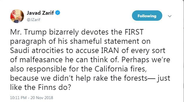 ظریف: بیانیه ترامپ درباره قتل جمال خاشقچی را «شرم‌آور» توصیف کرد.