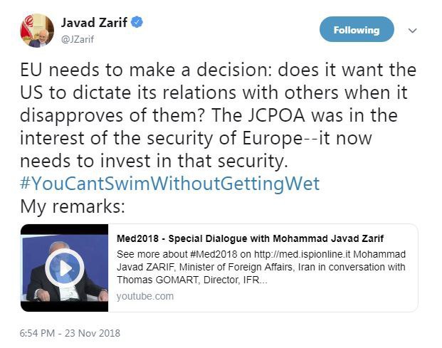 ظریف: برجام به نفع امنیت اروپا بود،حالا باید برای امنیتشان هزینه کنند