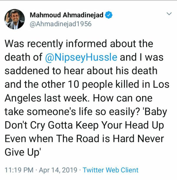 ابراز تأسف احمدی‌نژاد از قتل رپر آمریکایی/ تحلیلگر آمریکایی: گرداننده توییتر احمدی‌نژاد یک نابغه کمدی است