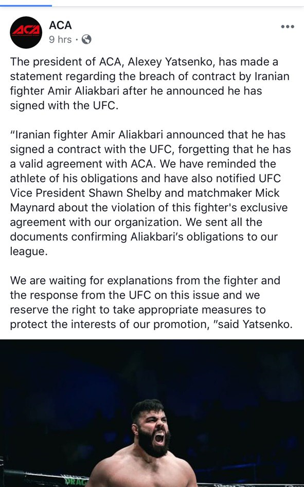 رئیس سازمان ACA روسیه: قرارداد علی اکبری با UFC غیرقانونی است