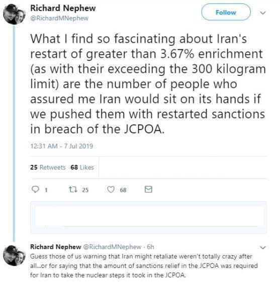 واکنش ریچارد نفیو به تصمیم امروز تهران: برخی می‌گفتند ایران دست روی دست خواهد گذاشت