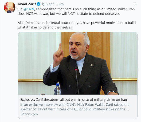 ظریف: خواهان جنگ نیستیم اما برای دفاع از خود تعلل نخواهیم کرد ظریف: خواهان جنگ نیستیم اما برای دفاع از خود تعلل نخواهیم کرد