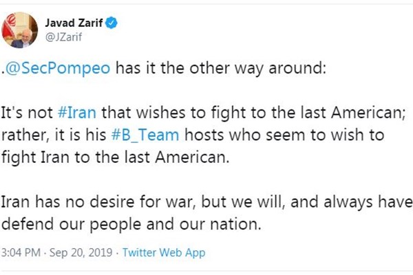 طعنه توئیتری ظریف به پمپئو: «تیم ب» می‌خواهد تا آخرین آمریکایی با ایران بجنگد