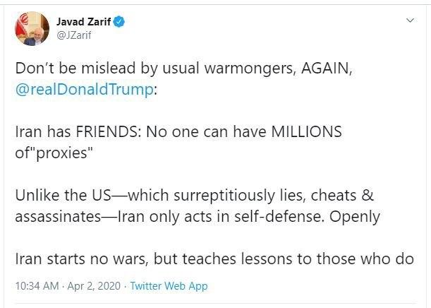 هشدار ظریف به رئیس جمهور آمریکا: جنگ طلبان بار دیگر تو را گمراه نکنند/ ایران جنگی را آغاز نمی کند اما جنگ افروزان را ادب خواهد کرد