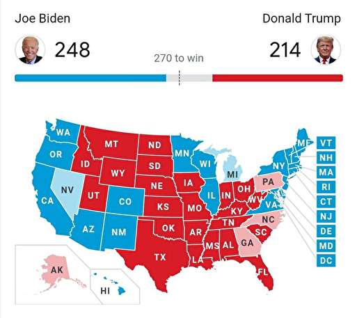 بایدن ۲۴۸ به ۲۱۴ در کسب الکتورال، پیشتاز است / بایدن در ایالت کلیدی ویسکانسین پیروز شد / ستاد ترامپ خواستار بازشماری آرا شد / پس از ویسکانسین، میشیگان هم آبی شد؛ بایدن در آستانه کسب ۲۷۰ رای الکتورال و پیروزی نهایی قرار گرفت / ترامپ: دیشب در ایالت‌های کلیدی پیش افتاده بودم؛ حالا به طرز معجزه‌آسایی تک تک آنها ناپدید شدند / وقفه در اعلام نتایج شمارش آرا / ترامپ: رک بگویم؛ انتخابات را بردیم؛ خود را آماده جشن بزرگ می‌کنیم؛ دموکرات‌ها به دنبال سرقت انتخابات هستند / ستاد بایدن: تیم حقوقی ما برای مقابله با تهدید ترامپ درباره جلوگیری از شمارش آرا آماده است