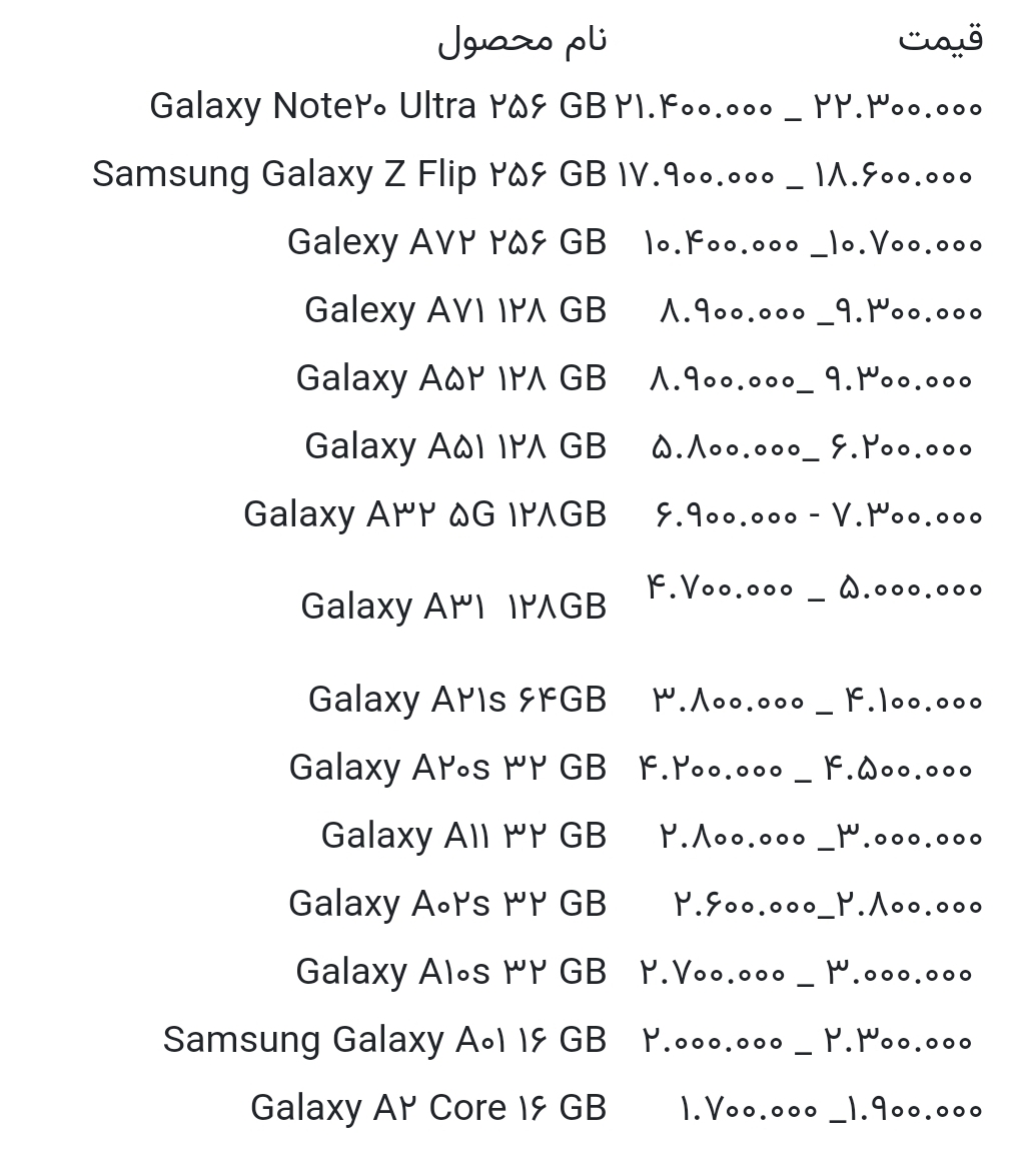 قیمت گوشی های سامسونگ امروز ۲۸ خرداد ۱۴۰۰