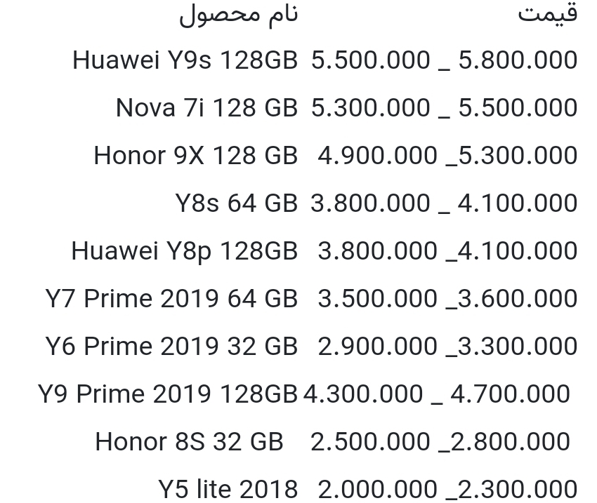 قیمت انواع گوشی هواوی امروز ۲۰ تیر ۱۴۰۰