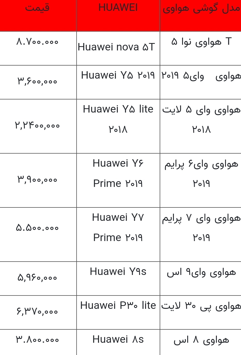 قیمت گوشی های هواوی امروز ۲۸ تیر ۱۴۰۰