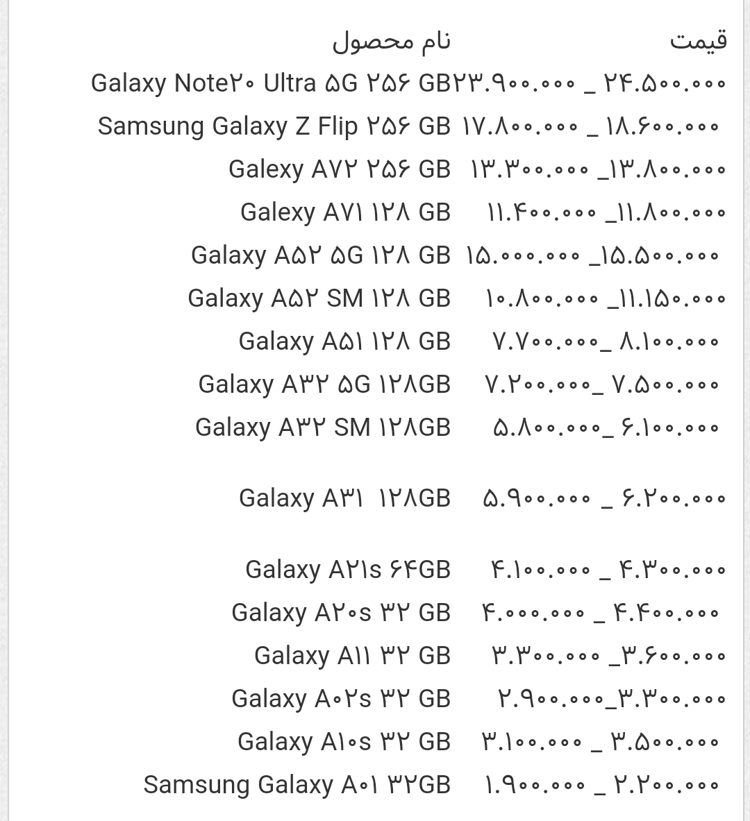 قیمت گوشی های سامسونگ 