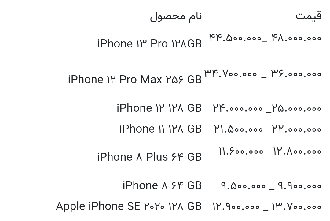قیمت انواع آیفون ۲۷ مهر ۱۴۰۰