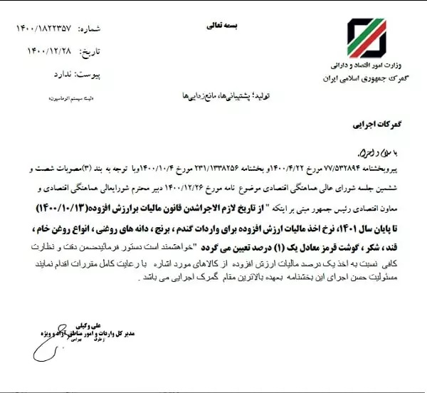 مصوبه شورای هماهنگی اقتصادی: مالیات بر ارزش افزوده واردات گندم برنج، قند و شکر