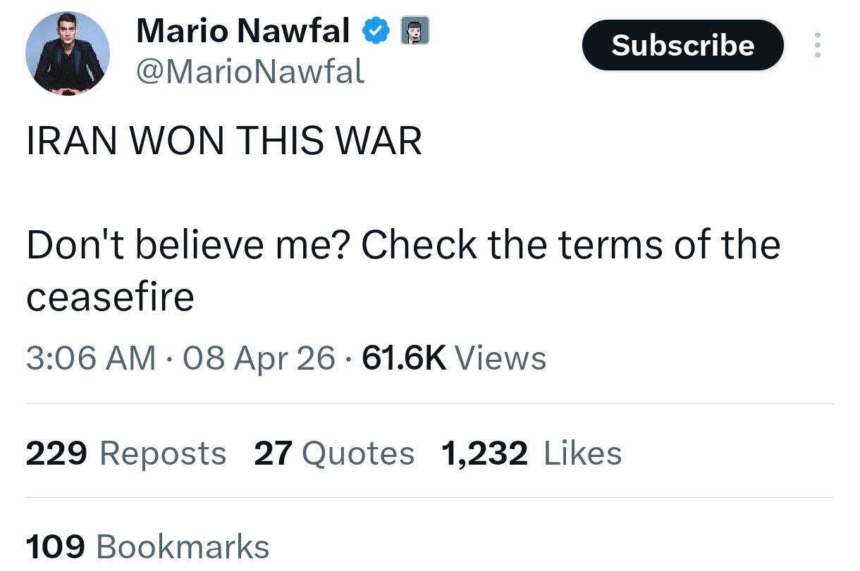 مقام آمریکایی به الجزیره: تمامی عملیات نظامی علیه ایران متوقف شده / ترامپ ضمن پذیرش طرح ۱۰ ماده‌ای ایران: با توقف بمباران ایران برای دو هفته موافقت می‌کنم؛ این یک آتش‌بس دوطرفه است / خبرنگار الجزیره در تهران: ایران پیشنهادهای جدیدی در مورد نحوه پایان دادن به جنگ دریافت کرده / توییت مهم سفیر ایران در پاکستان: از این لحظه به بعد، گامی به جلو از مرحله حساس و بحرانی / حمله به پتروشیمی امیرکبیر