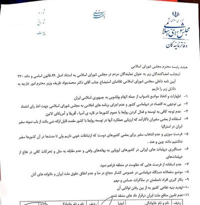 متن ۱۱ بندی طرح استیضاح ظریف از سوی نمایندگان جبهه پایداری / حاجی‌دلیگانی: استیضاح ۱۳ امضا دارد اما اسامی منتشر نمی‌شود