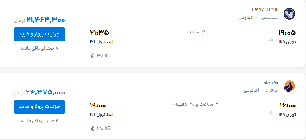 قیمت پرواز تهران - استانبول، امروز شنبه ۲۵ مهر ۱۴۰۵