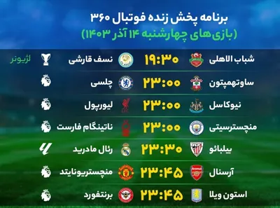 برنامه بازی‌‌‌‌‌‌‌‌‌‌‌‌های فوتبال امروز چهارشنبه ۱۴ آذر ۱۴۰۳